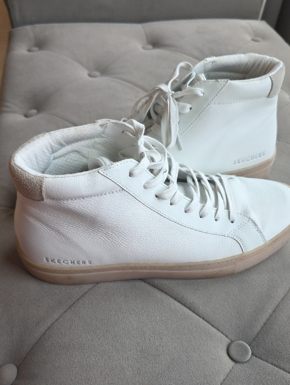 Skechers White High-Top Leather Sneakers with Tan Sole